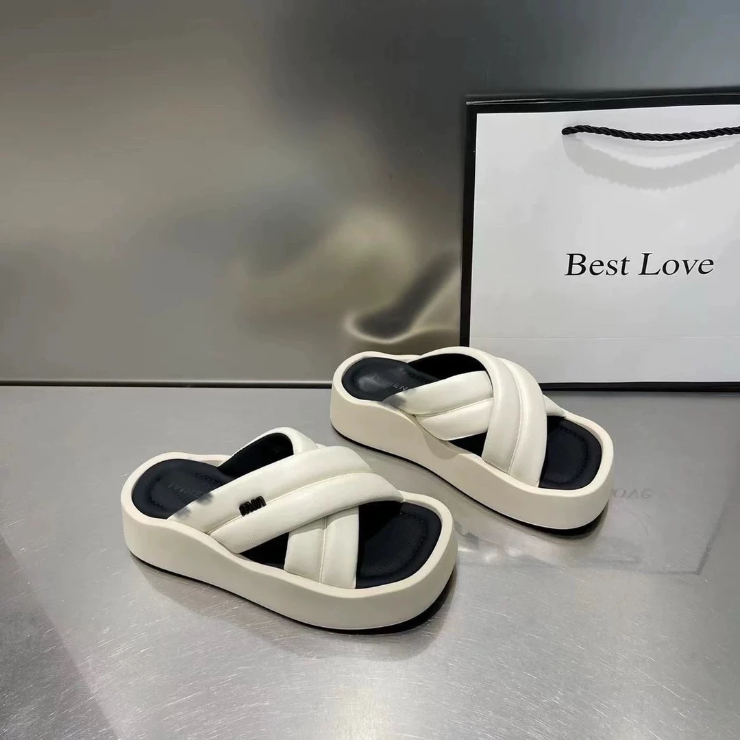 夏季厚底交叉带凉拖鞋方头增高外穿一字沙滩鞋女046