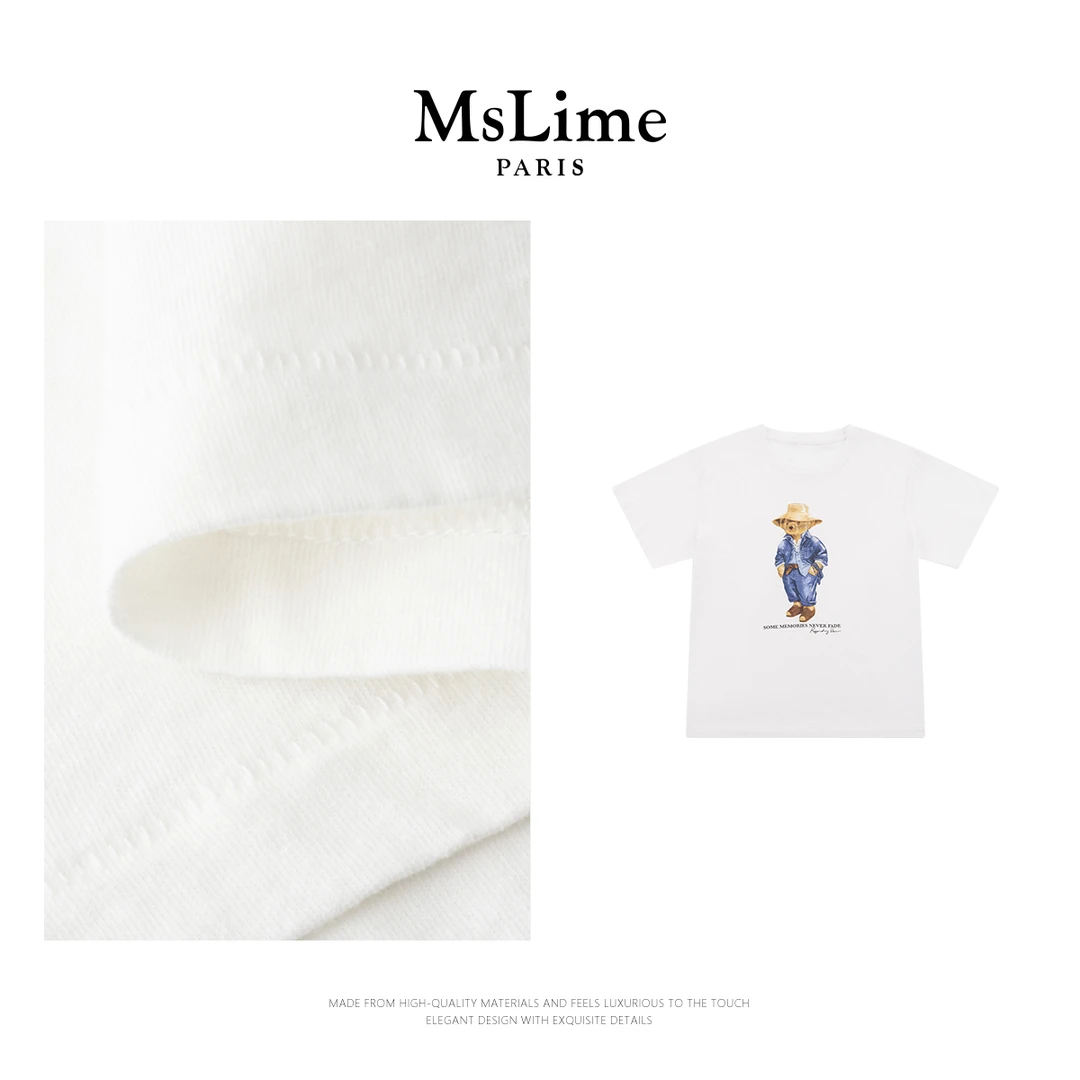 王嬛嬛MsLime25年新款【帕丁顿熊】100%进口棉白色百搭T恤 HD2A1395