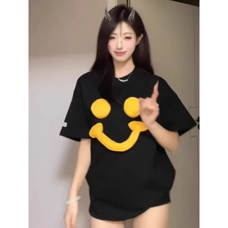 美式高街复古男女T恤黑色宽松慵懒风夏季网红爆款圆领上衣短袖潮