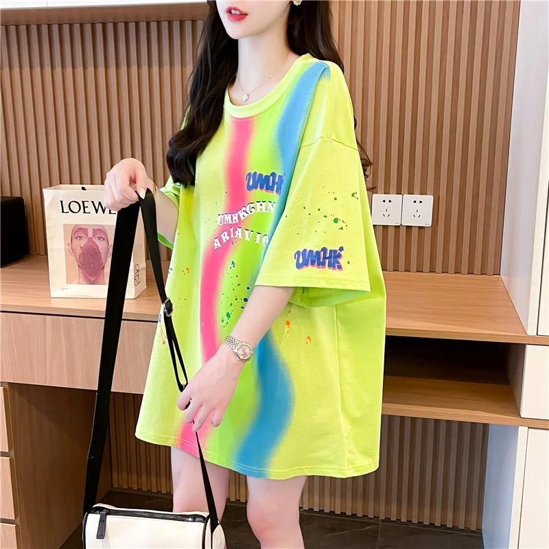 2025夏季新款中长款纯棉短袖t恤女设计感网红款宽松大版扎染上衣