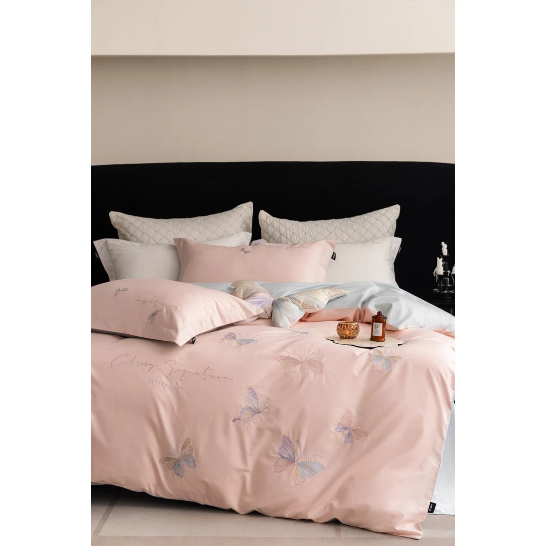 【晴美】轻奢优雅刺绣全棉四件套-蝴蝶飘逸系列-粉