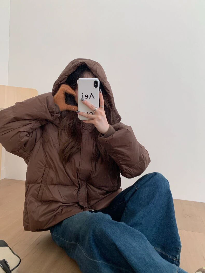 薇莎【咖色现货】美拉德轻薄宽松连帽鸭绒保暖时尚外套（充绒量155G）