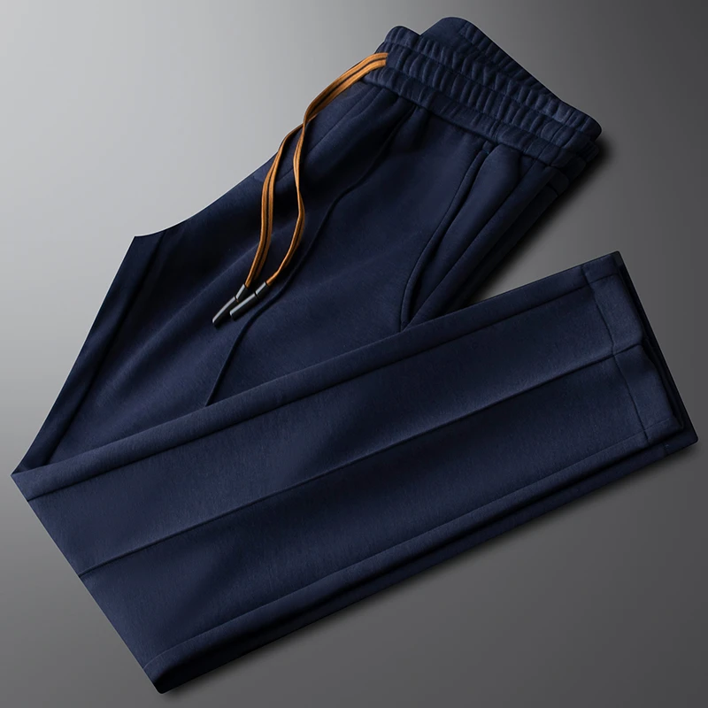 约蒂宾弗时尚感莫代尔蓝色休闲运动裤男秋冬季修身直筒抽绳针织裤