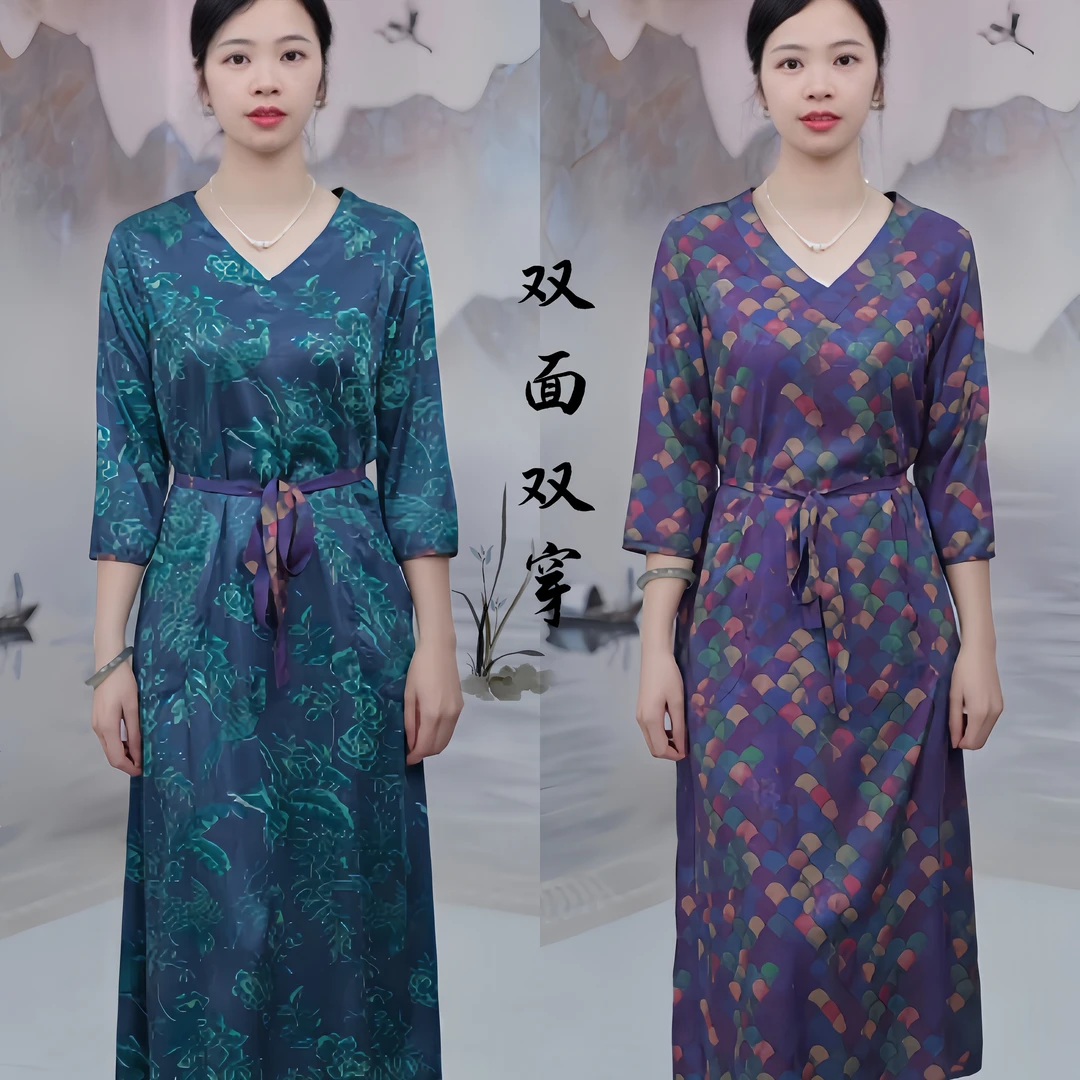 2587 双面双穿五彩小扇国风款单层V领显瘦女装连衣裙