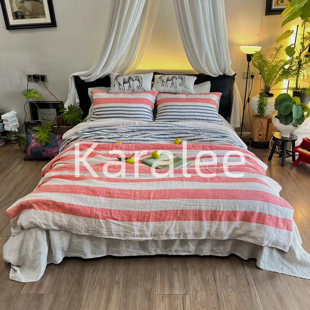 【假日条纹·纯亚麻四件套】天然舒适四季款四件套亲肤柔软