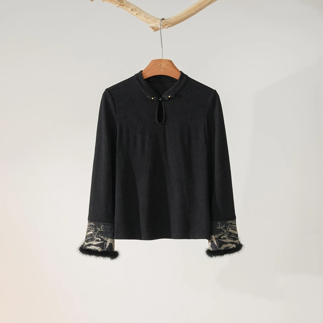 西子/【千秋雪】秋冬针织提花新中式拼水貂毛刺绣上衣/SYTJ537