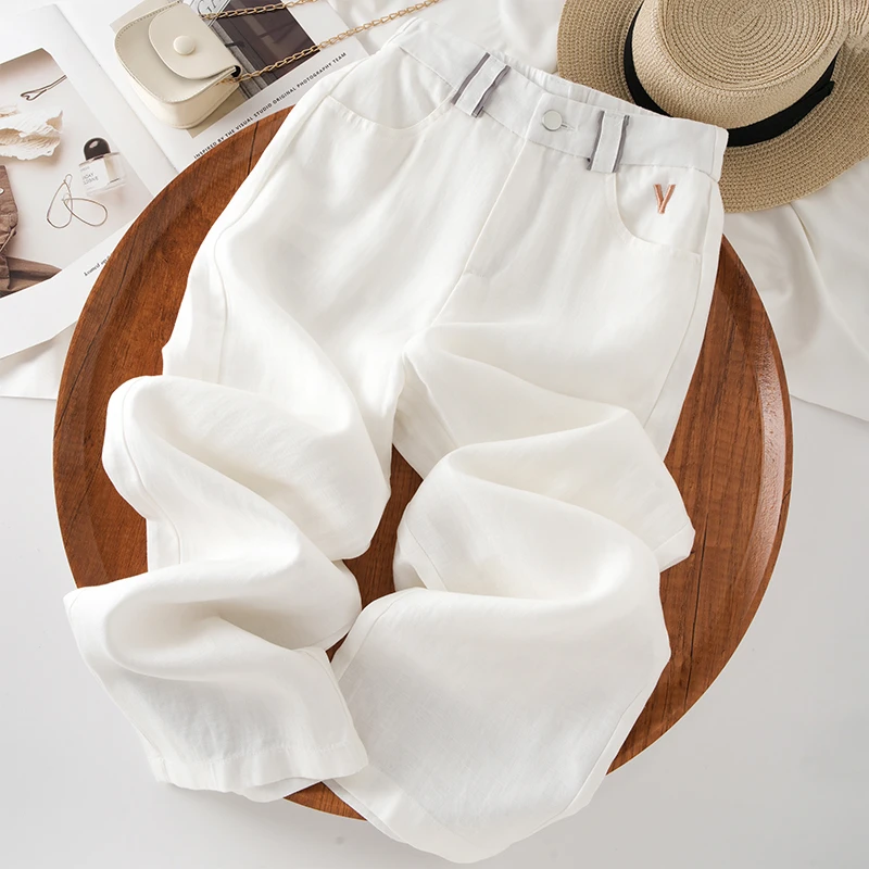 显瘦夏季长裤休闲裤韩版夏季天丝亚麻阔腿裤宽松休闲外穿白色裤子