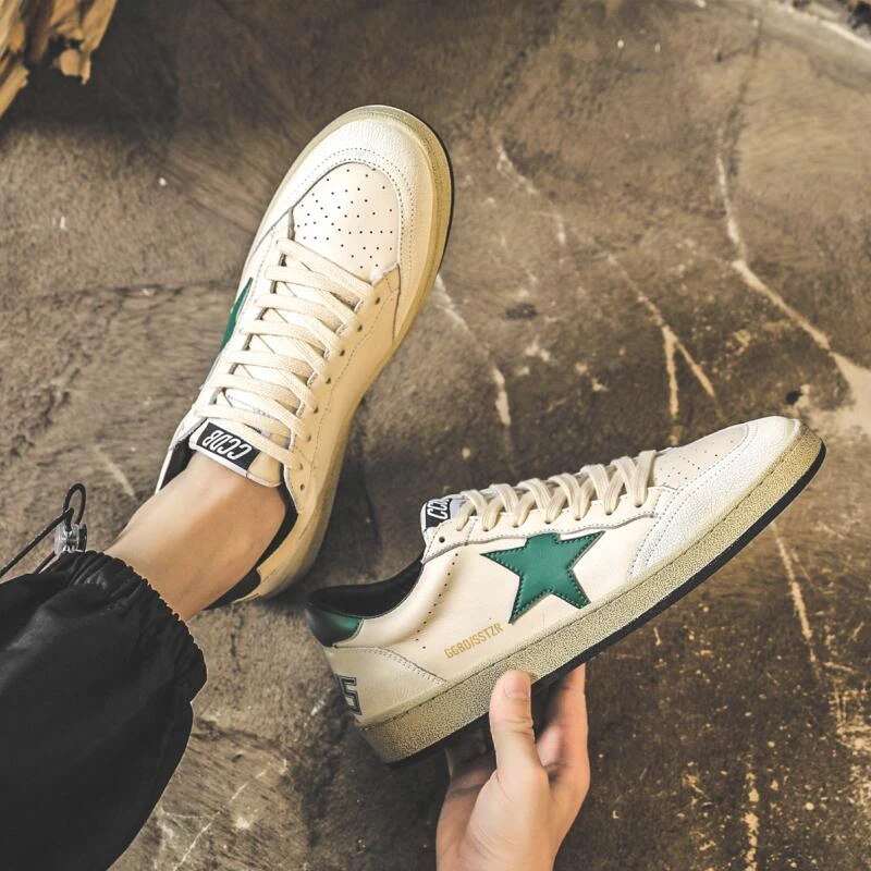 复古做旧小白鞋男星星小脏鞋平底真皮脏脏鞋头层牛皮休闲板鞋绿尾