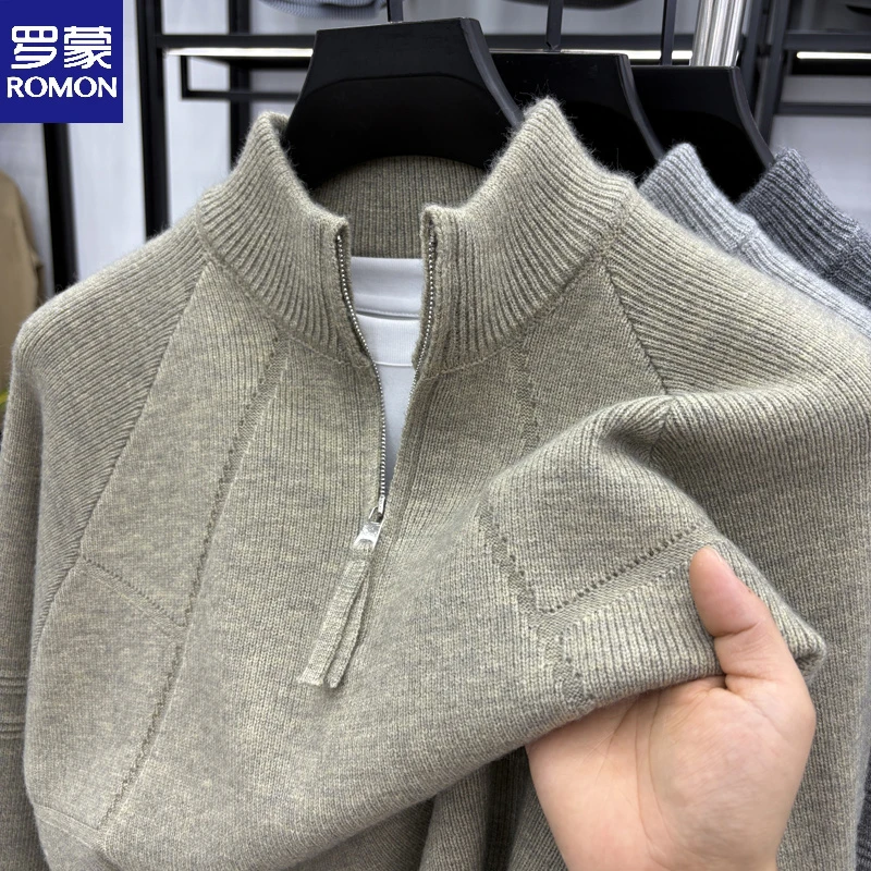 罗蒙男士秋冬季半高拉链针织毛衣复古提花针织衫纯色百搭休闲毛衣
