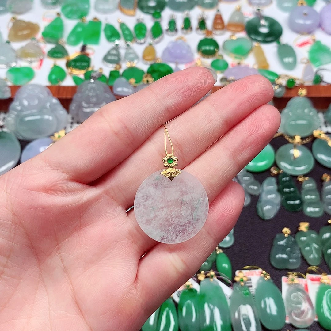 翡翠18K金镶嵌吊坠(不含链)天然翡翠A货