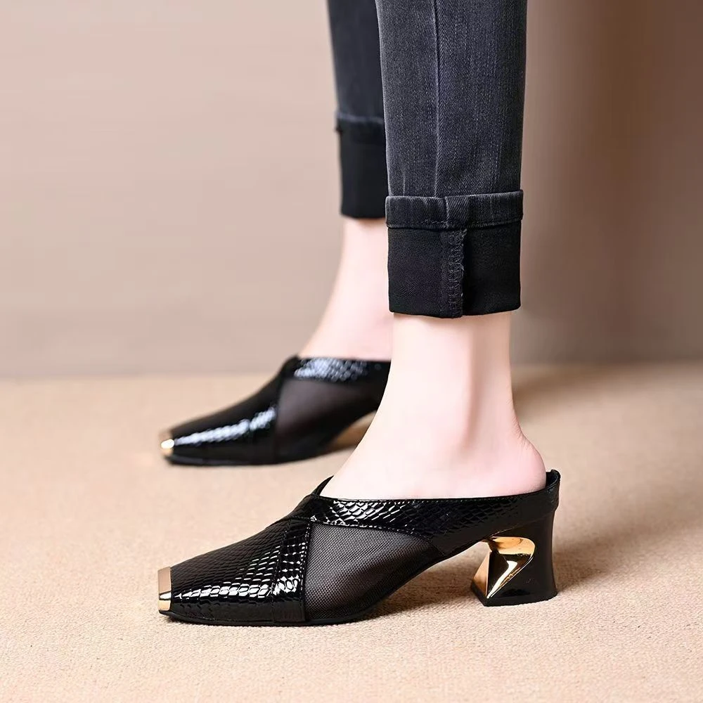 软皮包头半拖鞋女2025新款夏季外穿时尚尖头高跟网纱鞋