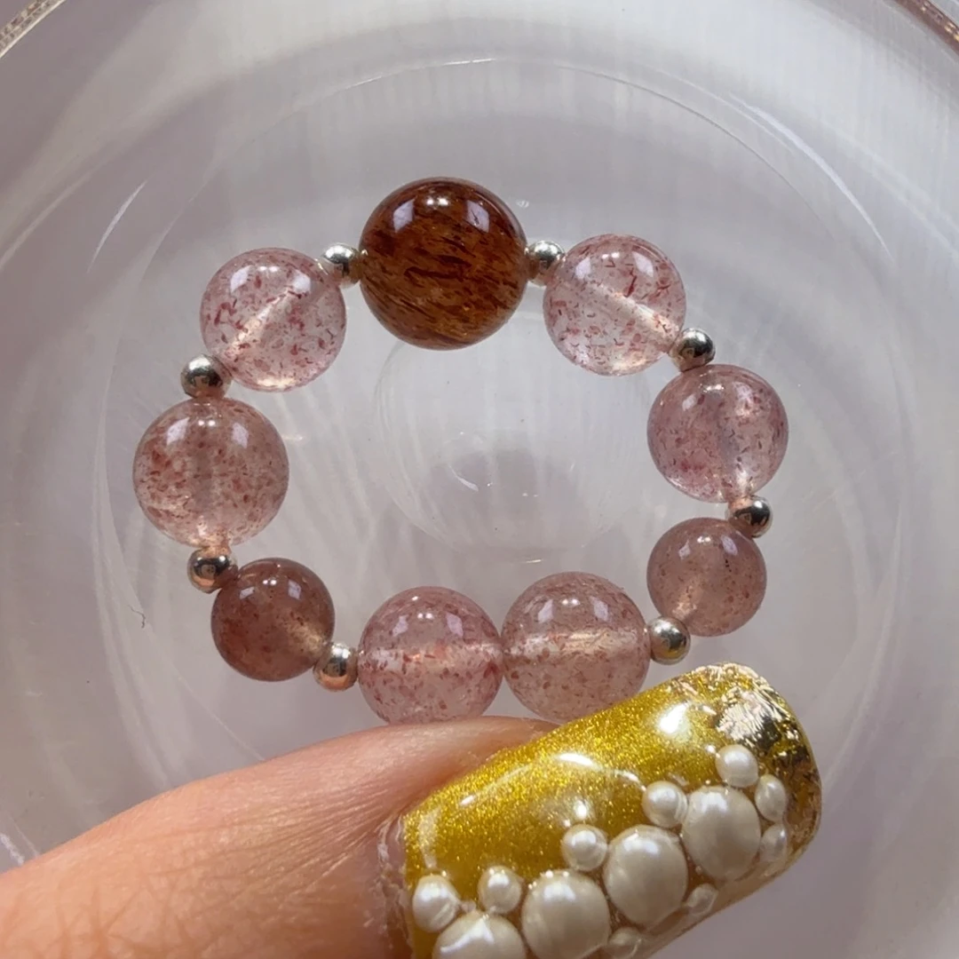 银S925镶嵌水晶手链黑金超七顶珠➕冰透 体草莓晶