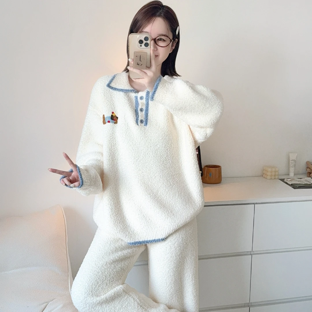 PINKWEO 翻领卡通小狗软绵绵睡衣套装女秋冬加厚保暖半边绒家居服