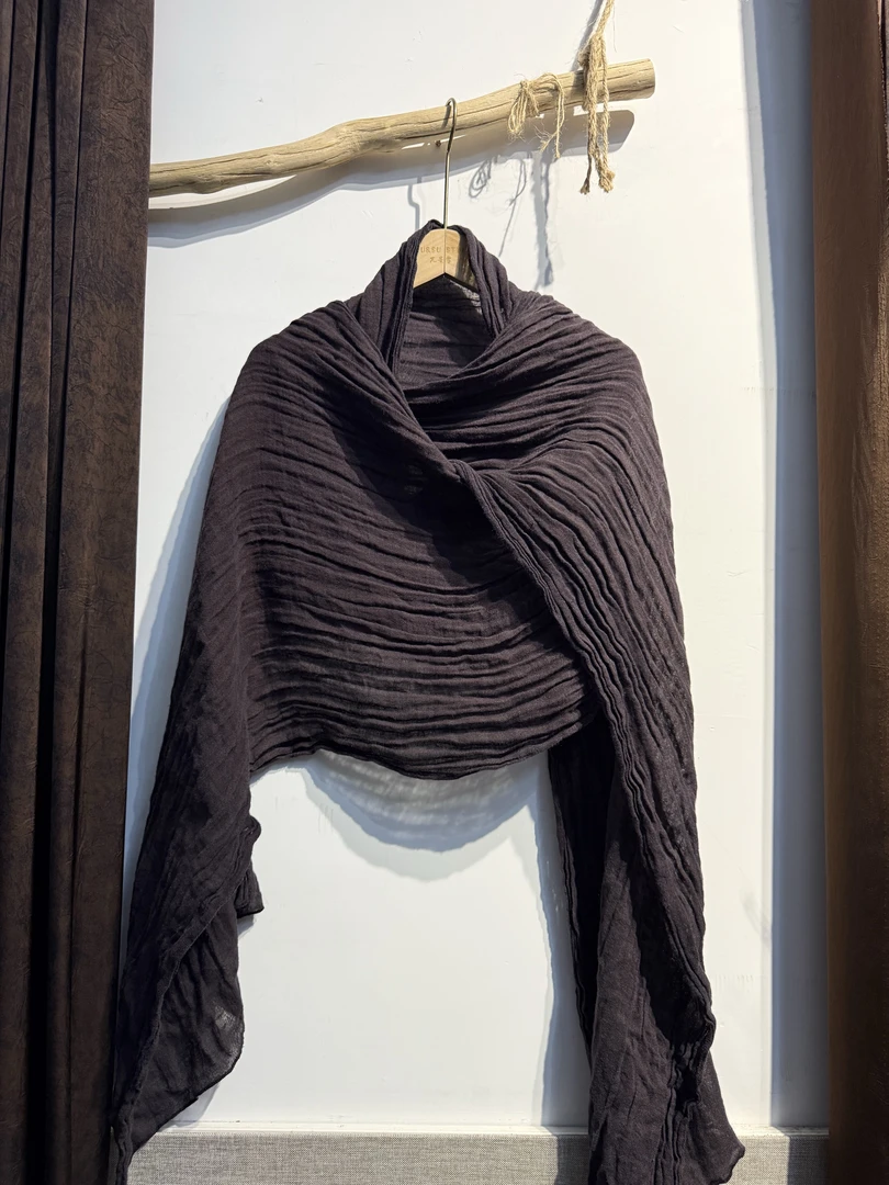 秋冬原生态自然肌理皱纯亚麻加长围巾 长235宽55