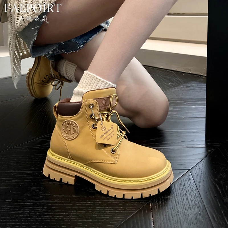 FALPOIRT秋冬季真皮厚底马丁靴女大黄靴英伦风加绒户外工装靴短靴