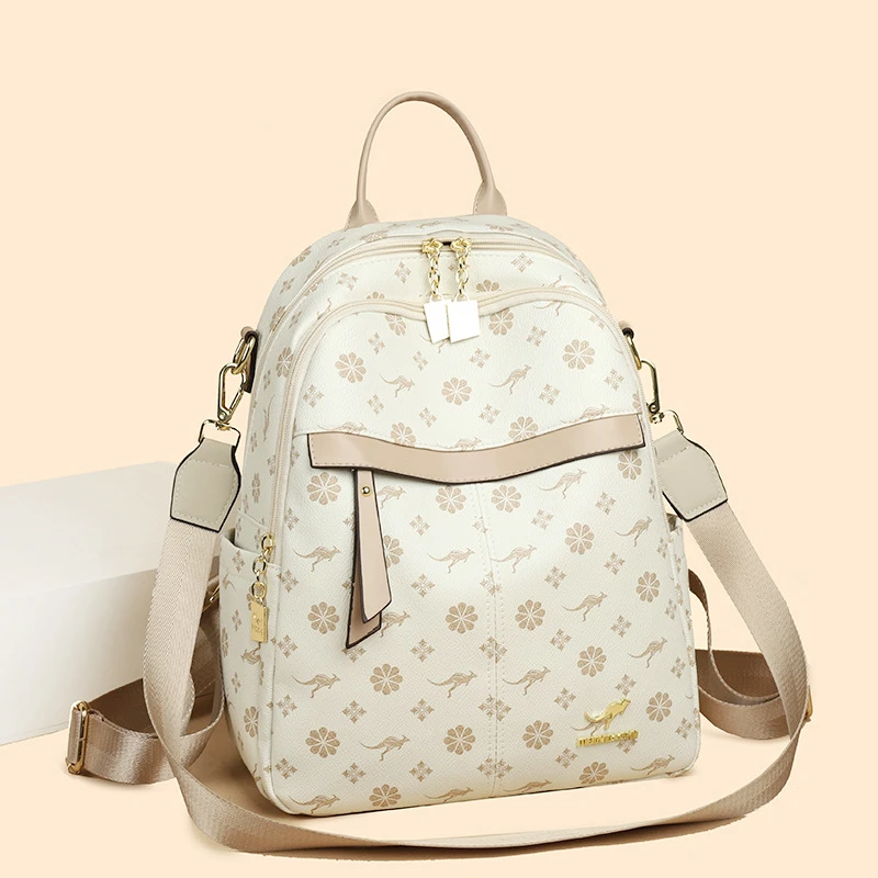 正品袋鼠真皮双肩包女2025新款书包大容量妈妈旅游轻便背包软牛皮