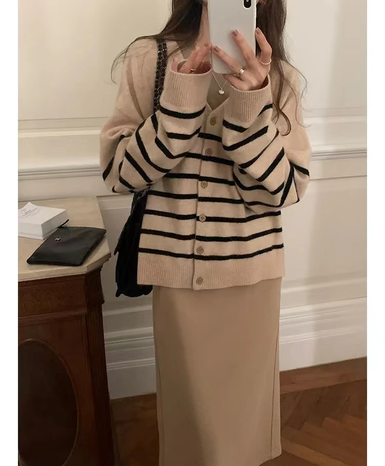 针织撞色条纹秋季慵懒风毛针织衫女简约宽松显瘦百搭上衣外穿
