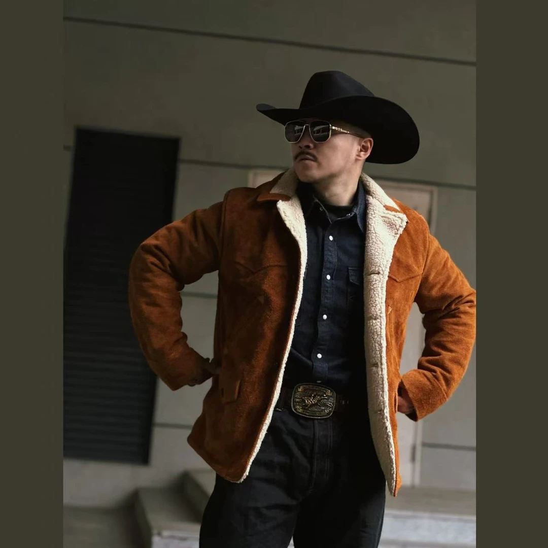 复刻Sch*ott NYC美式西部牛仔农场主头层反绒牛皮皮衣男复古咔叽