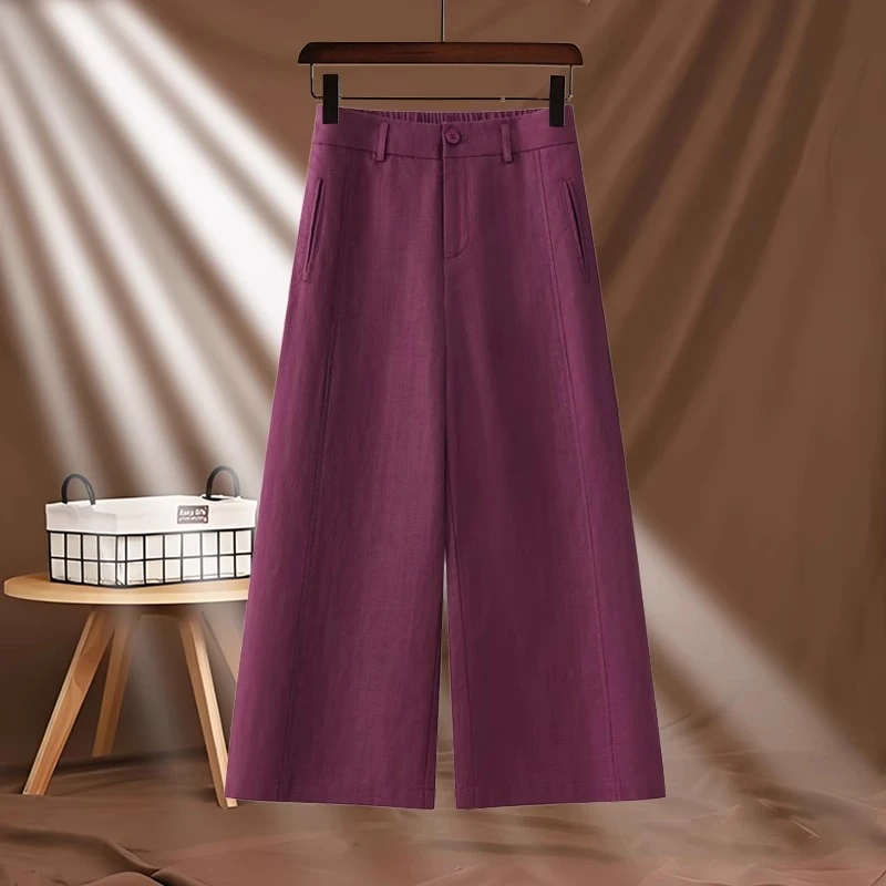 天丝亚麻九分休闲裤女夏季薄款新款高腰大码女士垂感八分阔腿裤子