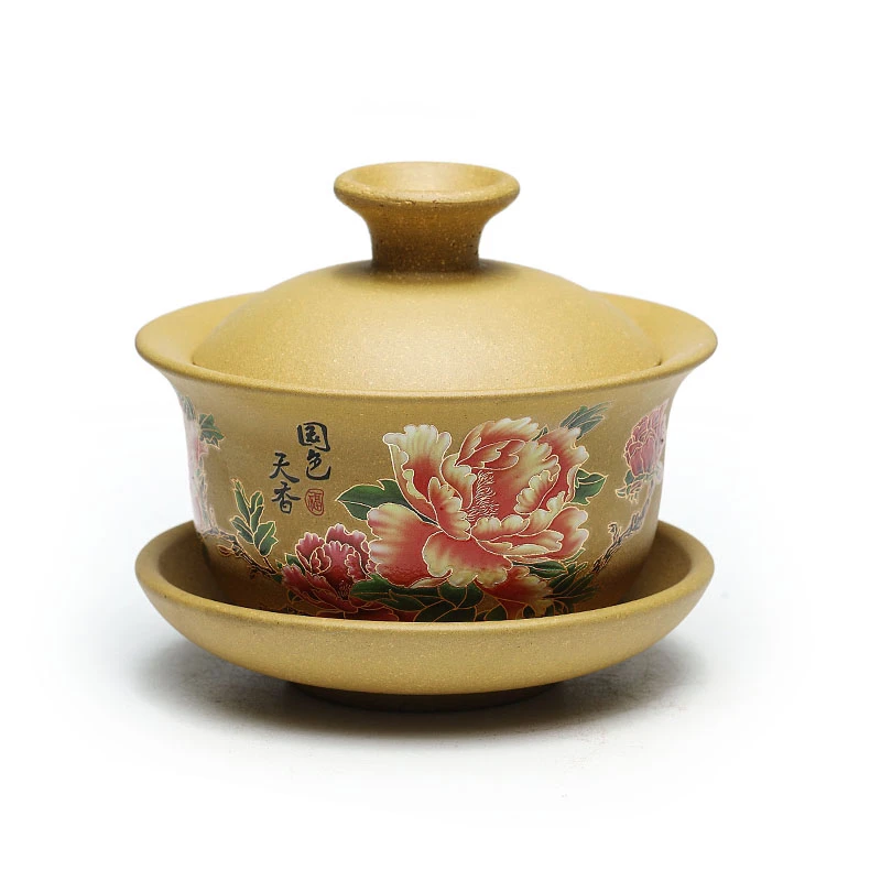 原矿段泥墨绘牡丹花紫砂盖碗茶具主人杯120毫升