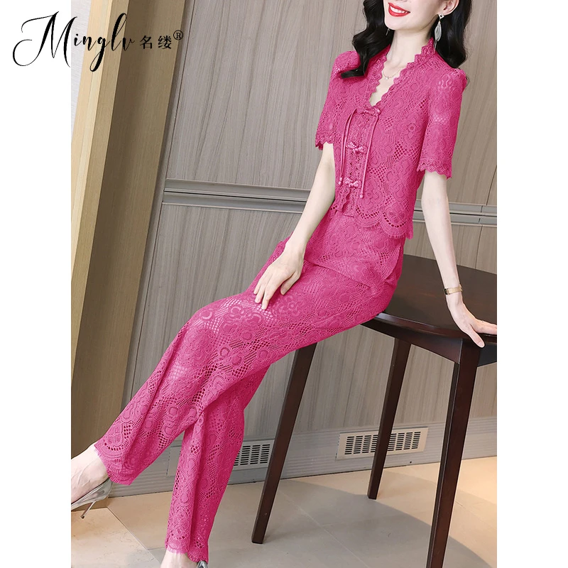 夏季2025新款女士高端品牌复古v领盘扣蕾丝短袖T恤阔腿裤两件套装