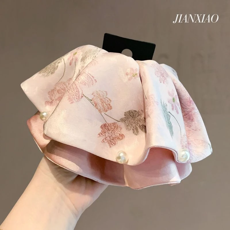 新中式淡雅印花缎面珍珠马尾夹气质温柔盘发夹后脑勺复古抓夹发夹