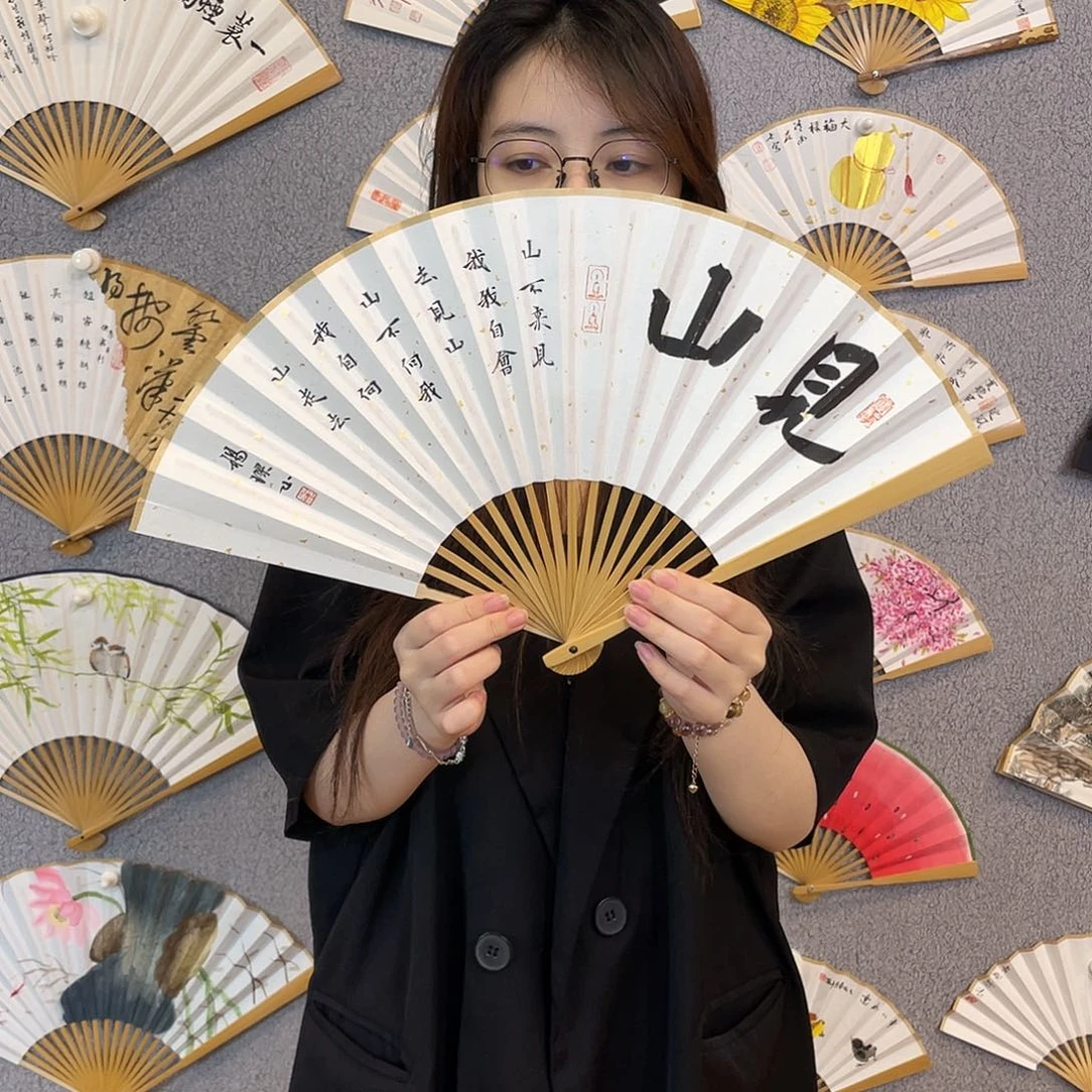 国画8寸玉竹-纯手绘-文玩扇骨（默认粘好）