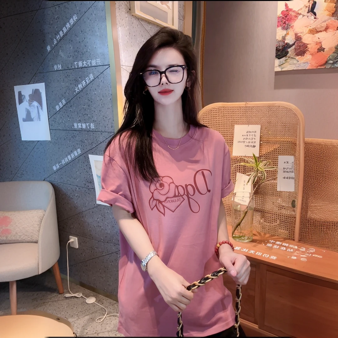 李西西【粉黛玫瑰】纯棉宽松显瘦短袖T恤印花圆领时尚休闲百搭上衣