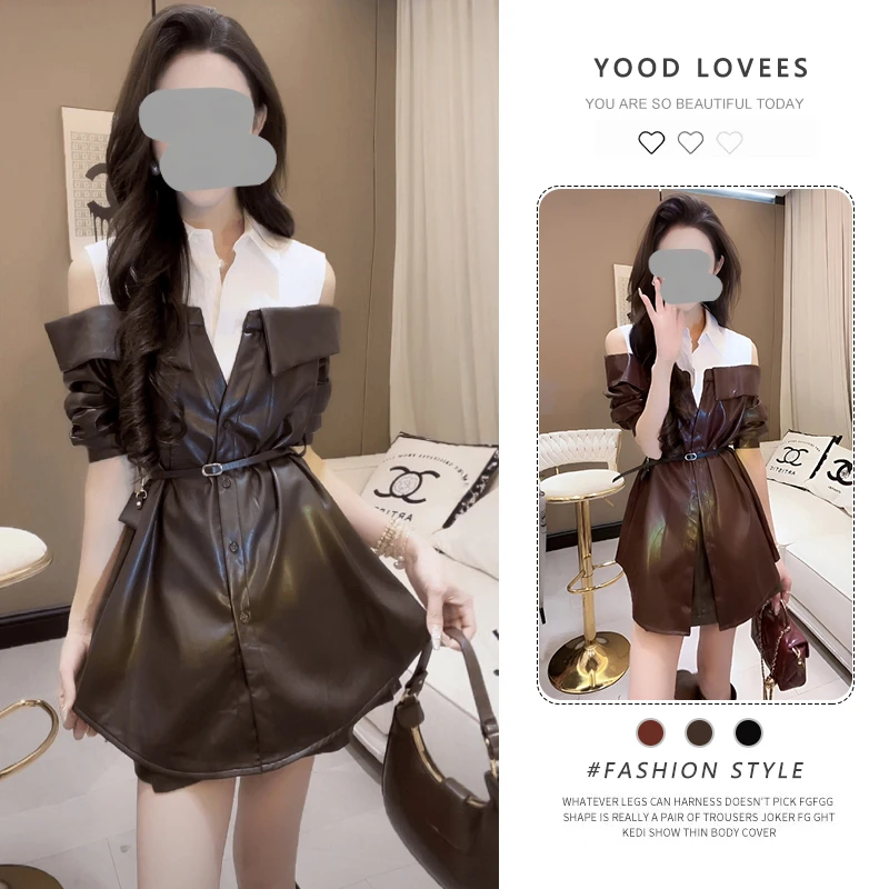 时尚假两件撞色露肩套头上衣两件套女装时尚短裙气质穿搭一整套潮