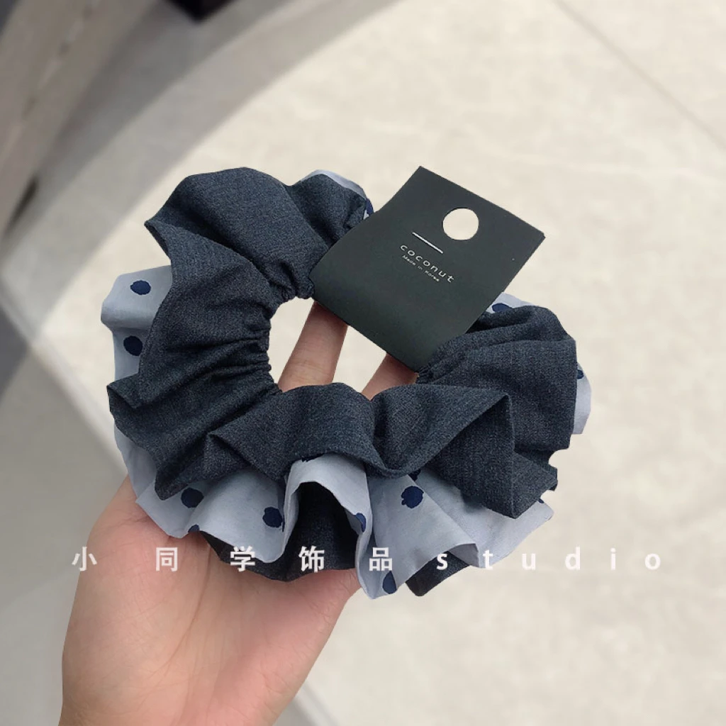 韩国原创设计师发饰2025新款蓝色纯棉牛仔波点小蛮腰发圈大肠圈