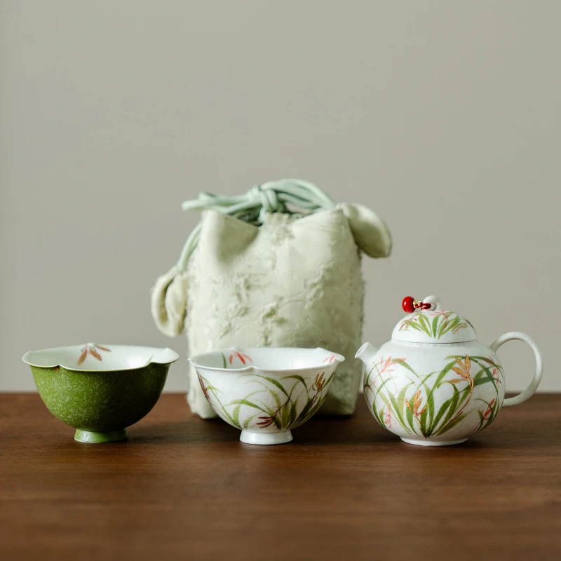 赞朴纯手绘粉兰花茶壶茶杯套装精致便携式户外露营随身泡茶泡茶壶