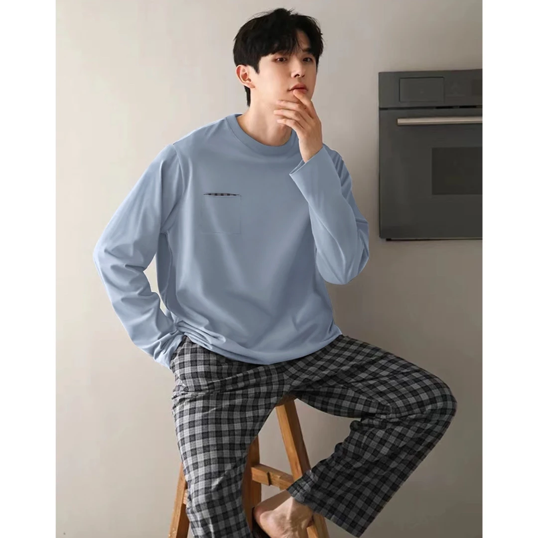 睡衣男冬季新款纯棉长袖长裤简约休闲家居服套装（蓝色格子裤男）