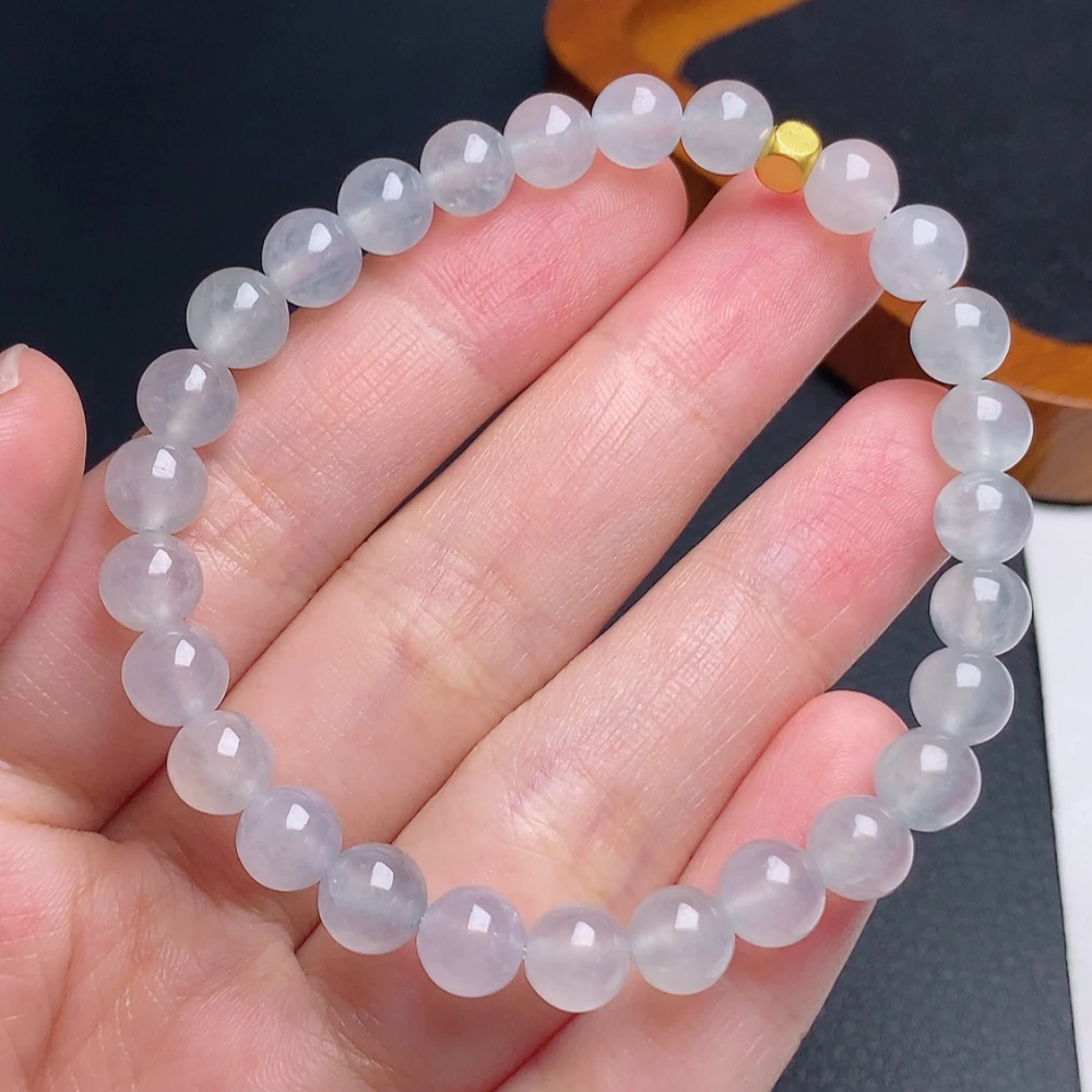 缅甸天然翡翠a货冰种白冰白月光圆珠手链卡6.8mm白色冰透精美女款