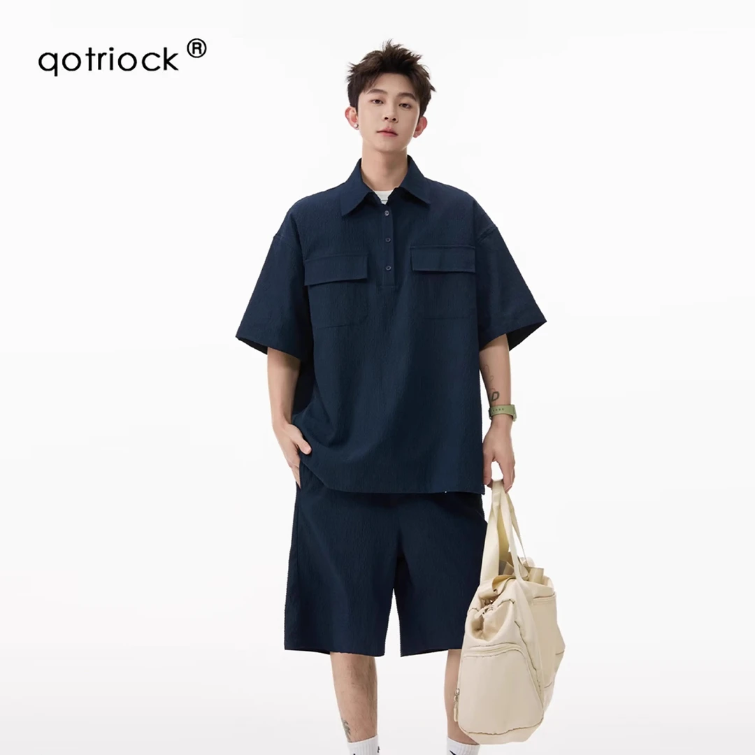 泡泡纱工装短袖衬衫套装男夏季休闲运动短裤套装速干polo外套