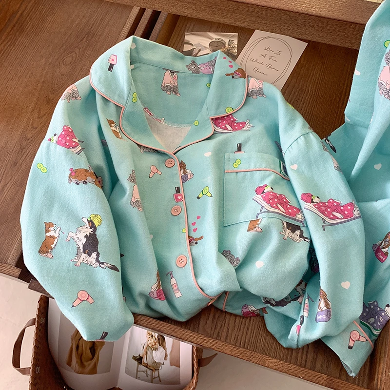 韩国ins可爱卡通小狗冬款睡衣女款春秋季纯棉磨毛宽松保暖家居服