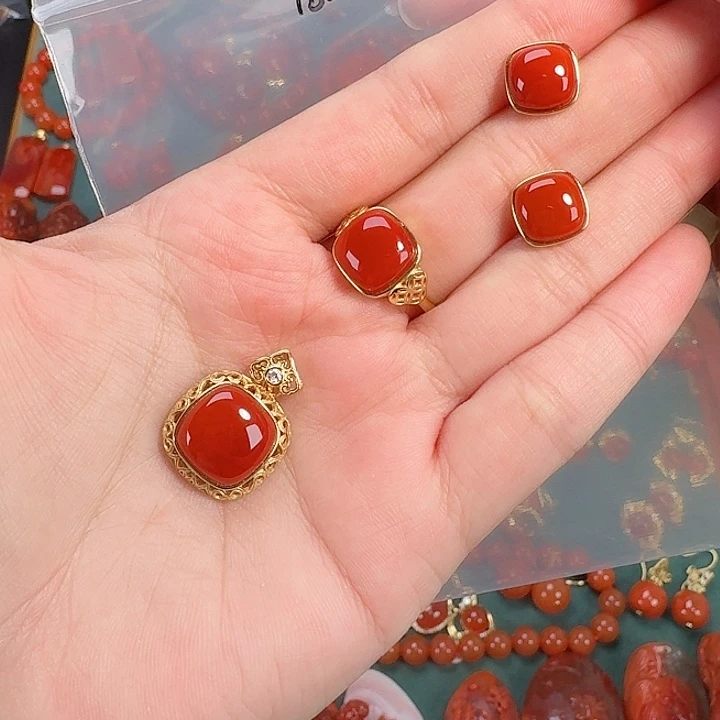 南红玛瑙银S925镶嵌一套