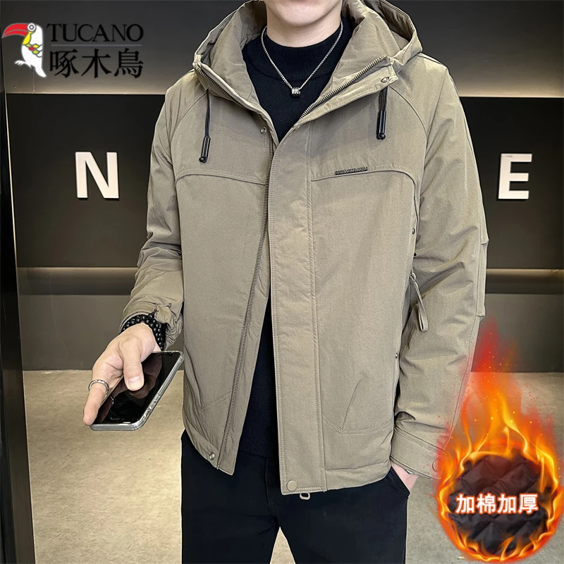 啄木鸟男青年秋冬加棉加厚连帽外套潮流保暖二棉工装夹克时尚上衣