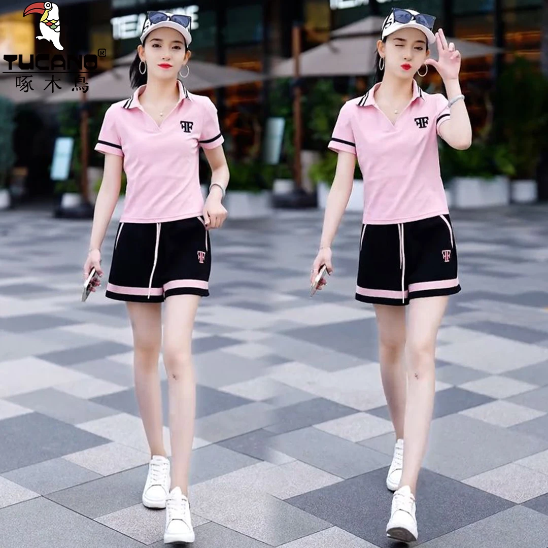 啄木鸟纯棉气质时尚套装女夏新款韩版休闲宽松短袖百搭短裤运动服