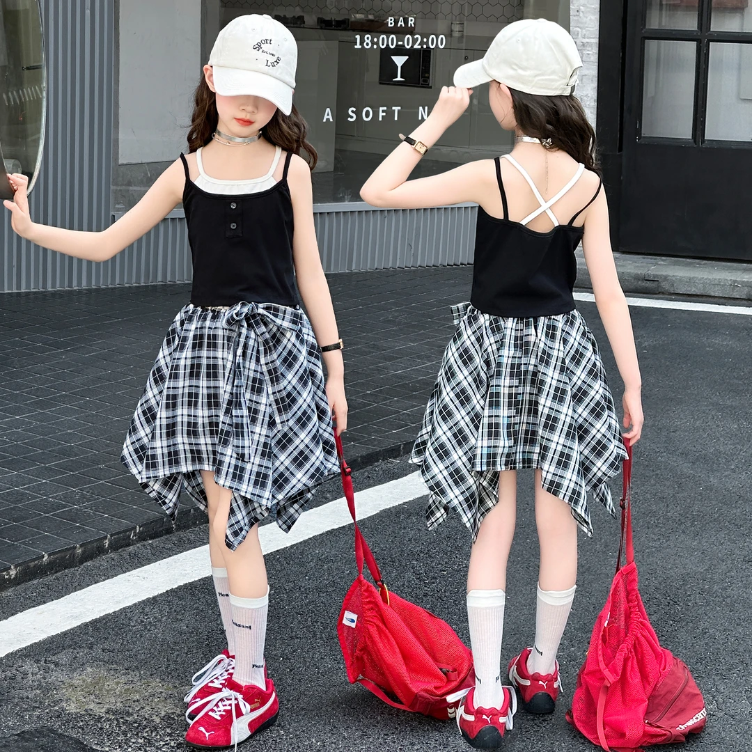 女童夏季套装2025新款女大童吊带背心上衣不规则格子半身裙两件套