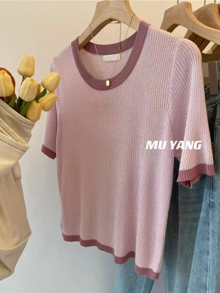 文艺小清新撞色系短袖t恤女夏季新款轻柔冰丝针织衫修身显瘦上衣T