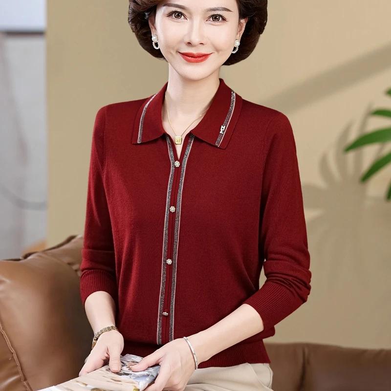 秋季新款中老年妈妈薄款宽松女装女装毛衣薄款秋季秋冬纯色打底衫