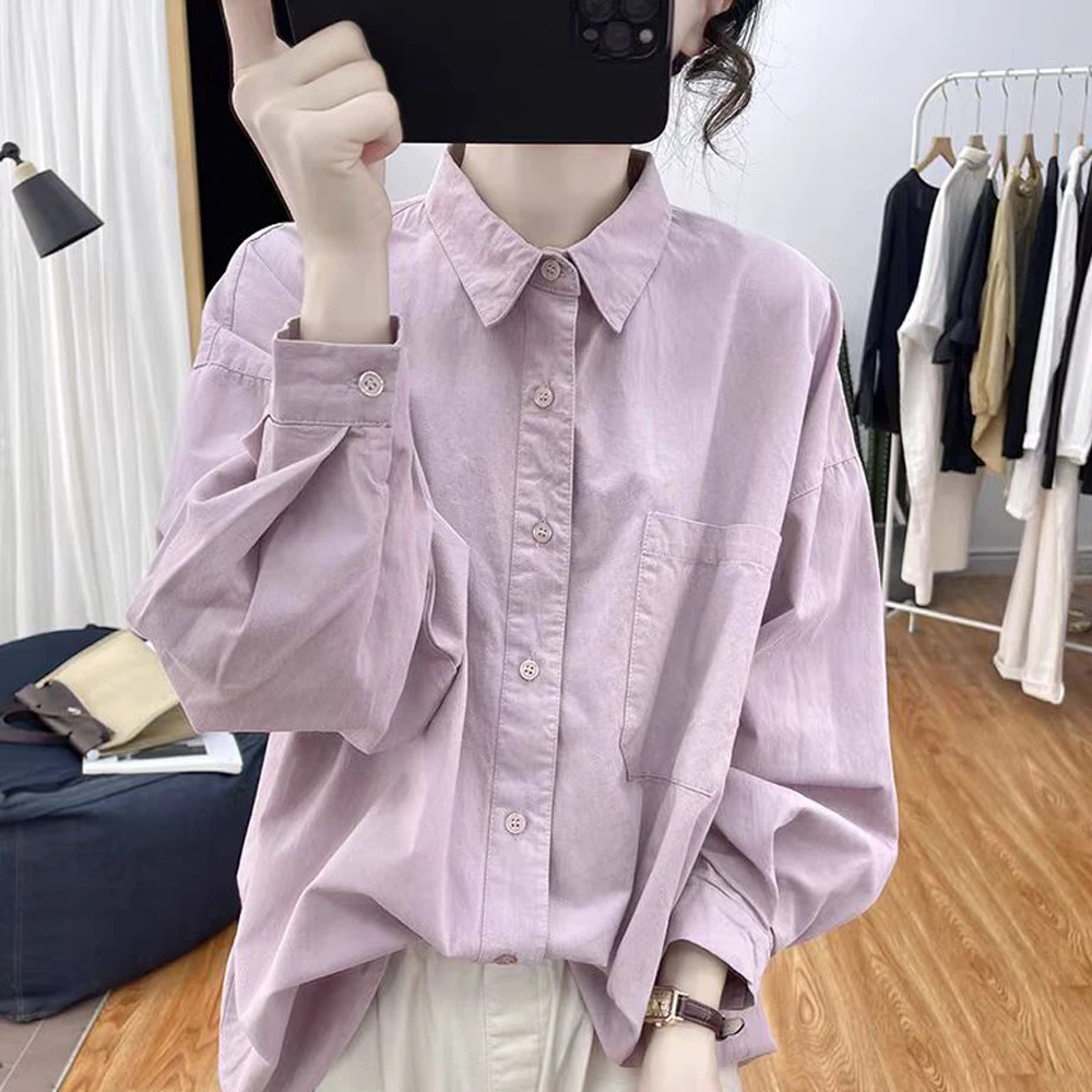 纯棉宽松polo领长袖衬衫女式减龄上衣早秋2025新款纯色打底衬衣潮