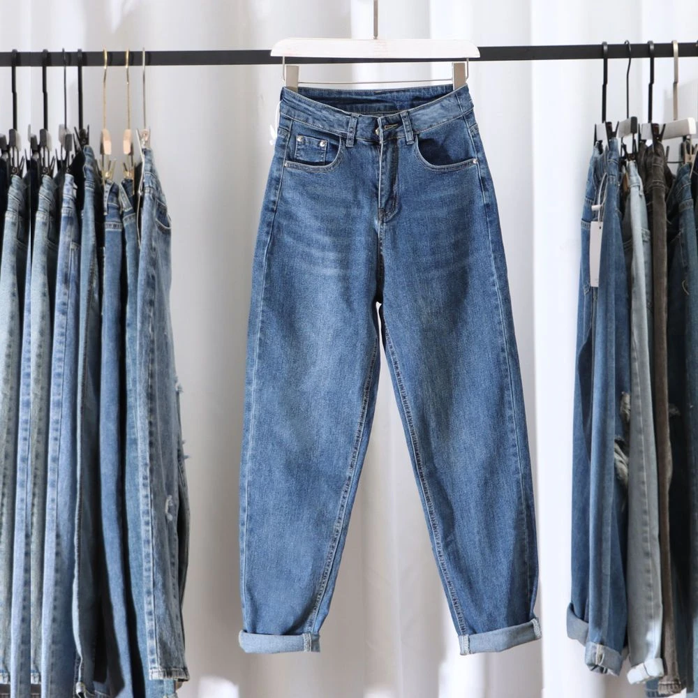 蓝色爆款牛仔哈伦裤女2025秋季新款高腰显蓝小个子黑色直筒牛仔裤