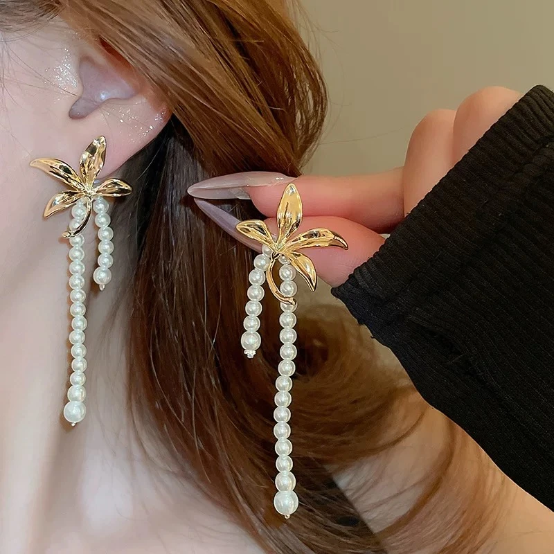 钛钢耳饰 鸢尾花耳钉串珠流苏耳饰法式复古长款显脸小E2115