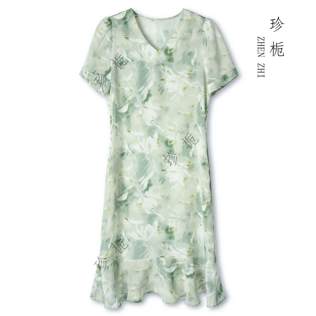 珍栀【青鸾】夏季100%桑蚕丝碎花显瘦气质轻奢时尚连衣裙JY5A020-3