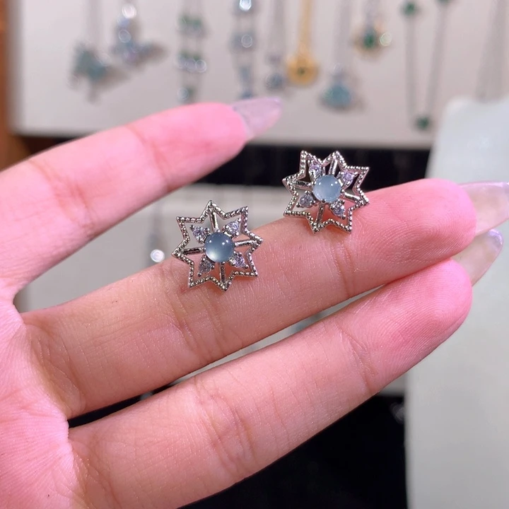 翡翠银S925镶嵌耳饰555蓝水