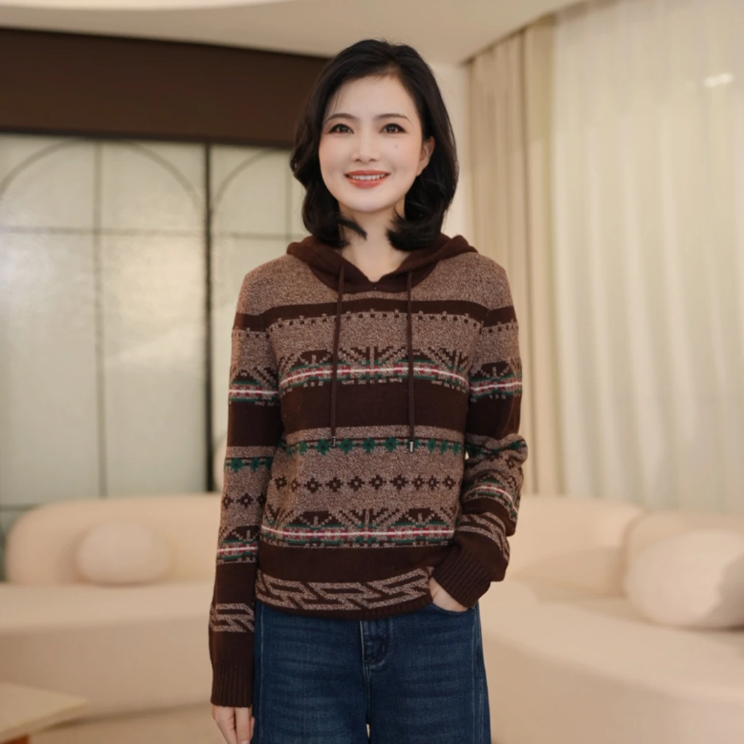 枫竺阿楠anan连帽抽绳费尔岛提花毛衣女秋冬保暖通勤民族风针织衫