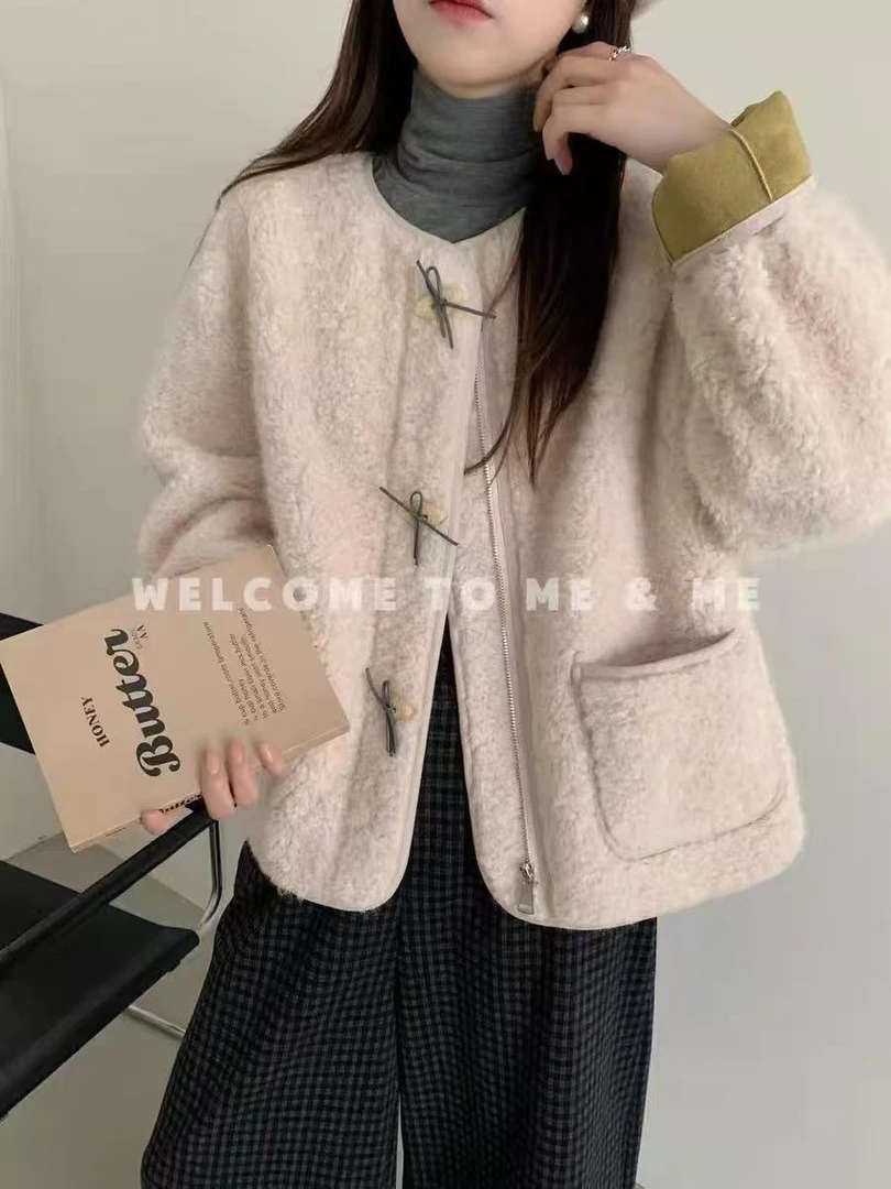 时尚羊羔毛外套女装2025秋冬新款韩版宽松圆领小个子上衣