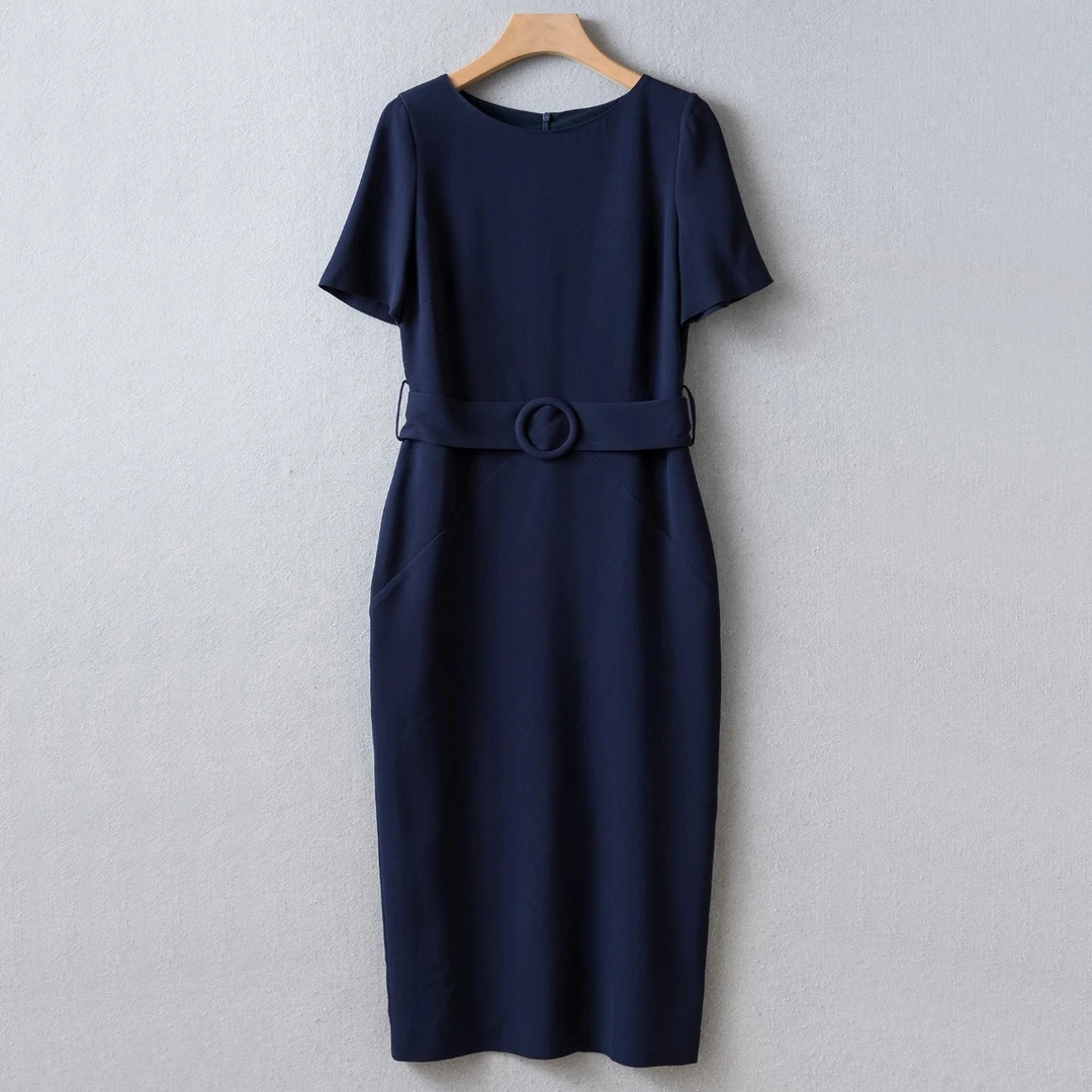 【LOTUS原创】新款深蓝短袖中长款包臀裙腰带简约优雅通勤连衣裙