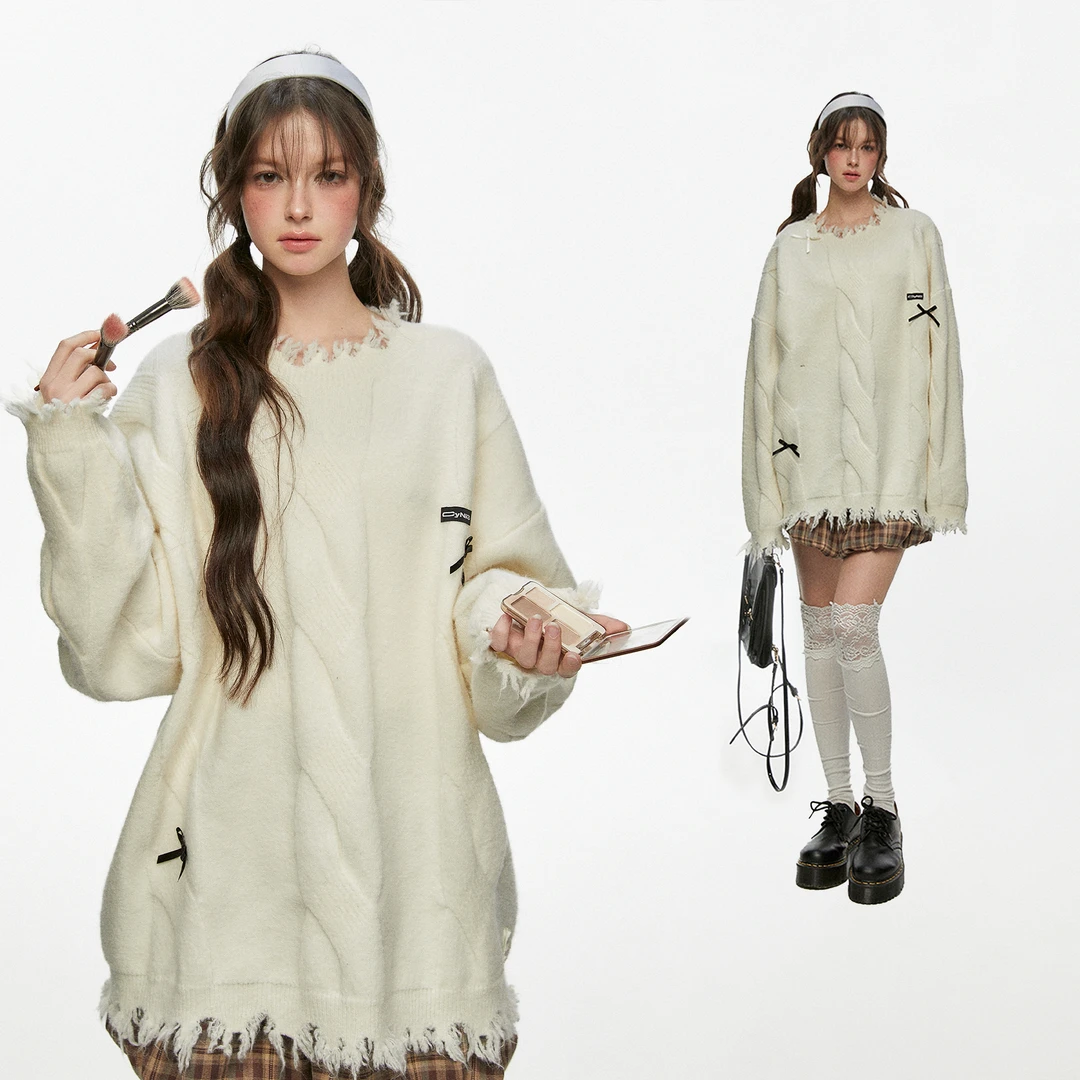 CyNi 不规则毛边慵懒风设计感套头长袖软糯圆领流苏破边针织衫女